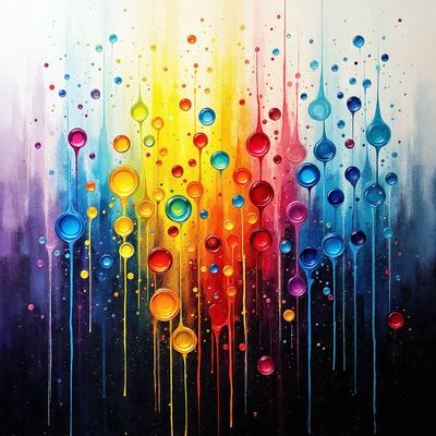 The primary subject of the image is a painting featuring a colorful and vibrant scene. The setting is a black background, which contrasts with the bright colors of the painting. The visual style is a mix of digital art and illustration, creating a unique and eye-catching piece. The dominant colors in the painting are yellow, orange, and blue, which contribute to a lively and cheerful atmosphere.
